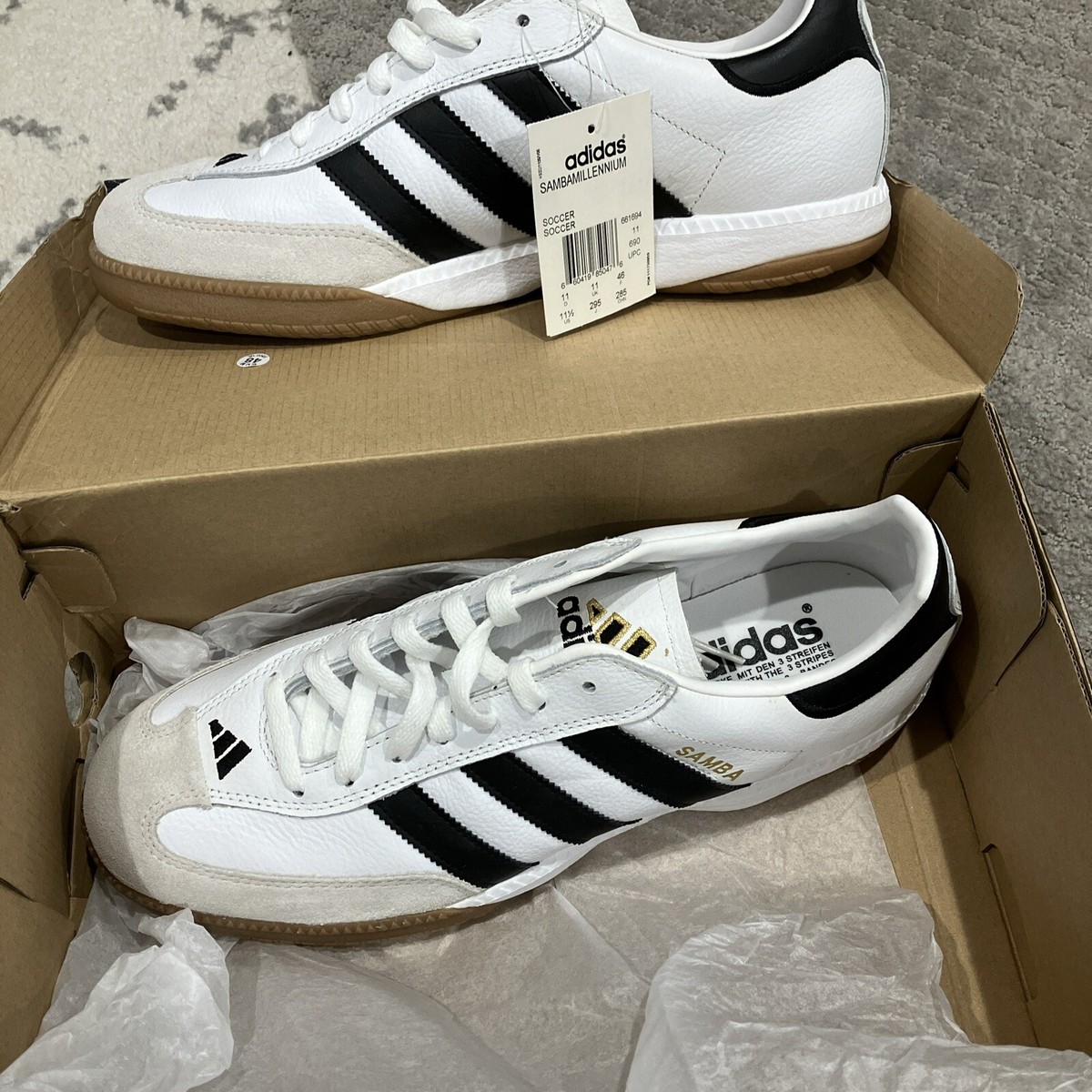 Size 11.5 - adidas Samba Millennium Leather Shoes. White New with box,  unused.