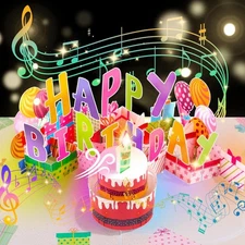 3D Popup Birthday Cards, Blowable LED Light Candle Cake Music Happy Birthday Car