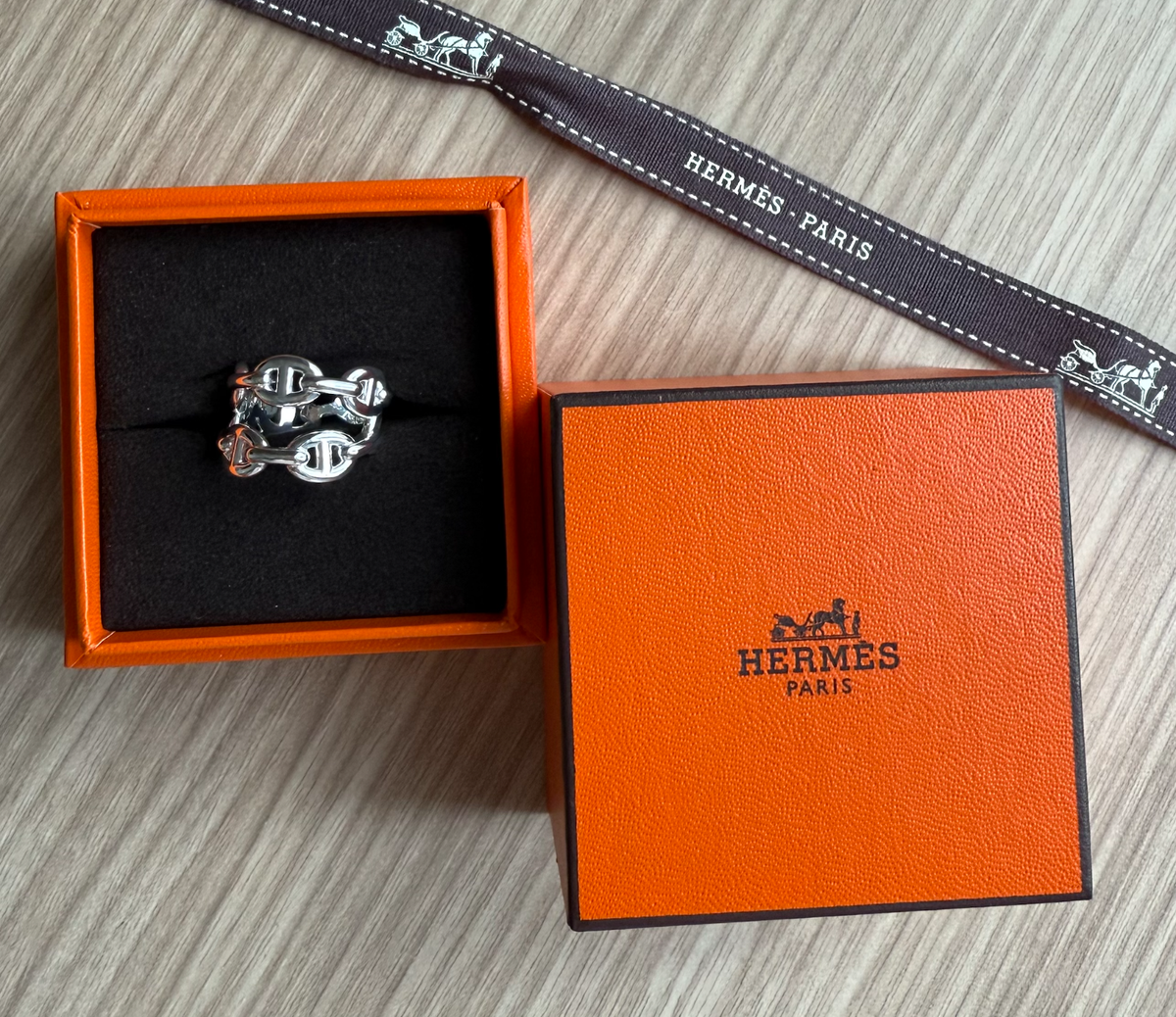 New HERMES Chaine D'Ancre Enchainee Ring Double Row Silver size 53