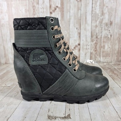 Sorel Lexie Wedge Quarry Grey Black Waterproof Quilted Lace Up Boots NL3375-026