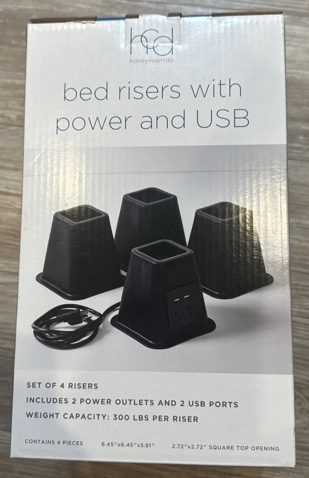 Elevadores de cama negros con tomas de corriente y puertos USB, juego de 4 Foto 3 de 4