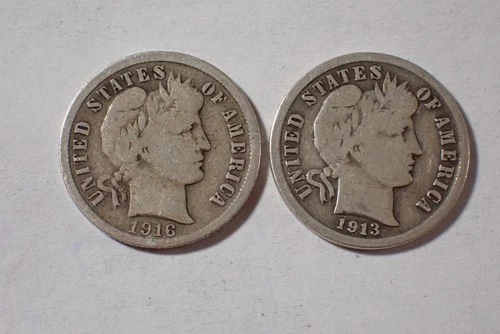 A Lot of two silver Barber dimes dated 1913 1916  Very Good Cond set RGR 549
