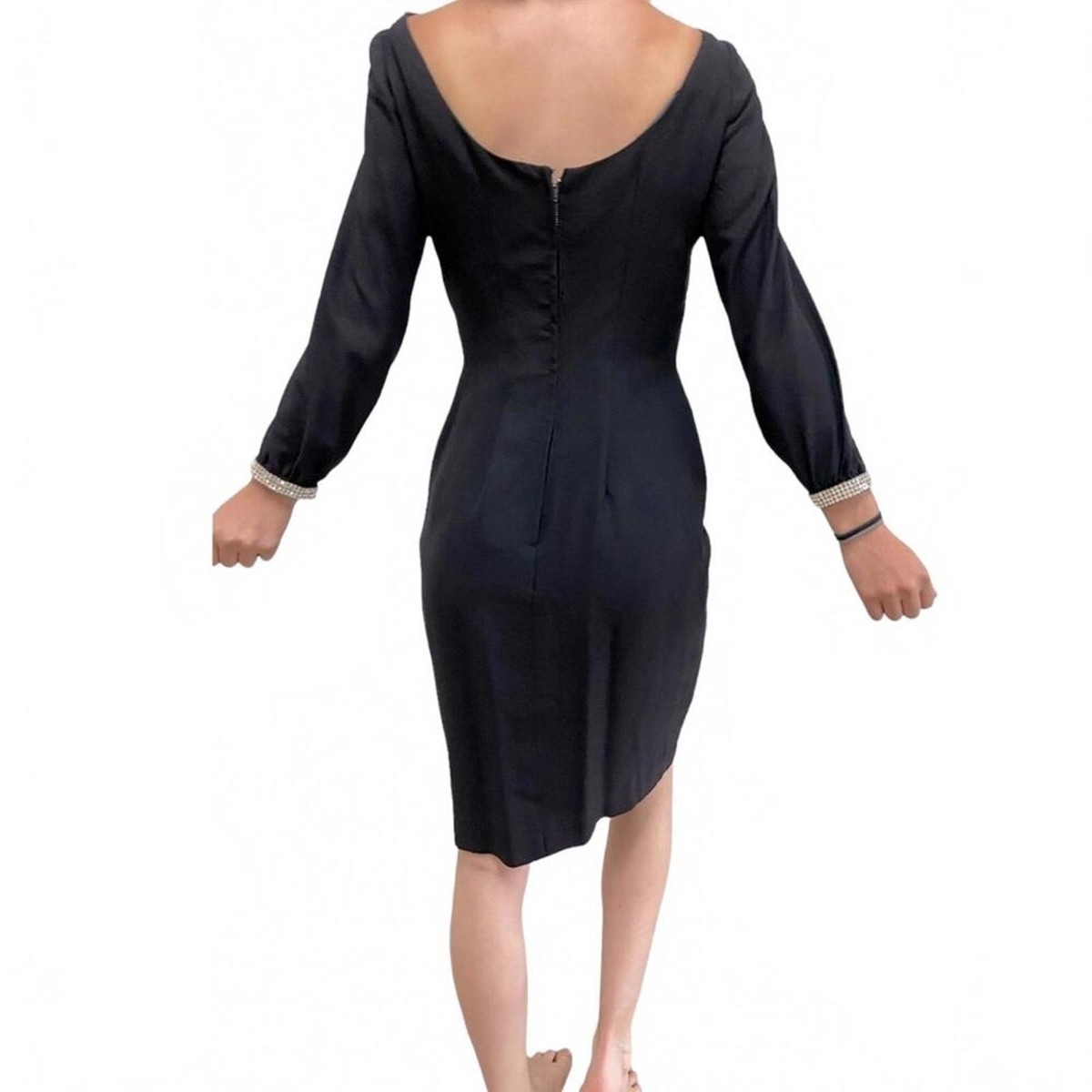 Vintage Mid-Century Black Crepe Sheath Dress Jeweled Illusion Neckline View 2