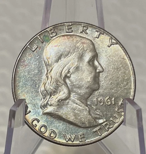 1961 D Franklin Half Dollar EF/AU 90% Silver nicely toned.