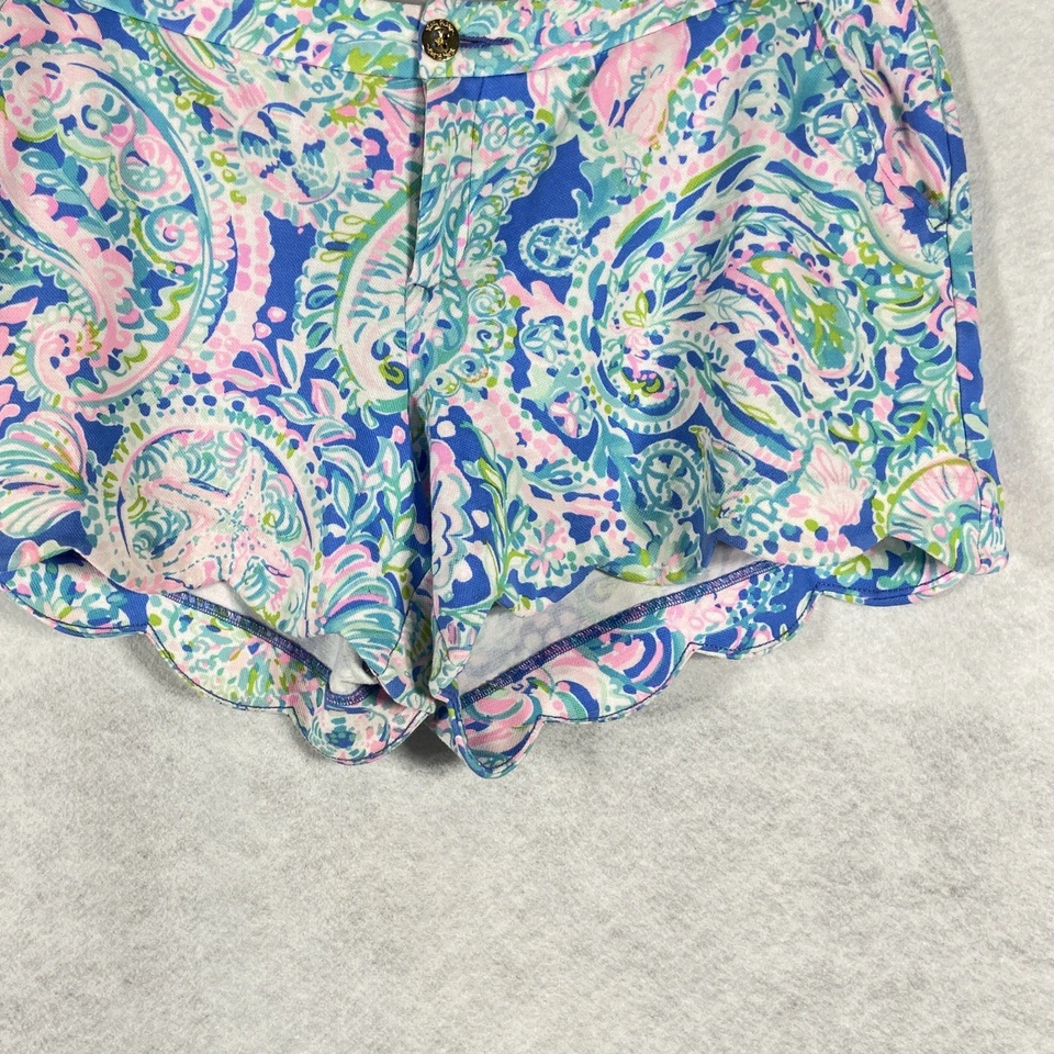 Shorts feminino Lilly Pulitzer Buttercup 16 azul rosa bainha vieira paisley - Imagem 3 de 4
