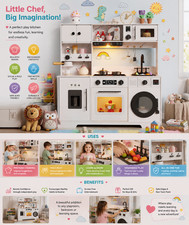 Play Kitchen for Kids, Wooden Kids Play Kitchen Playset Chef Pretend Play Set fo
