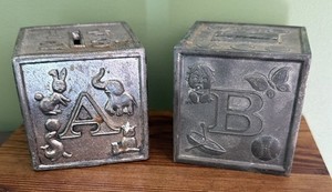 Lot of 2 -vintage ABC Silver Plated Alphabet Block Animals Metal Nursery 3"x 3".