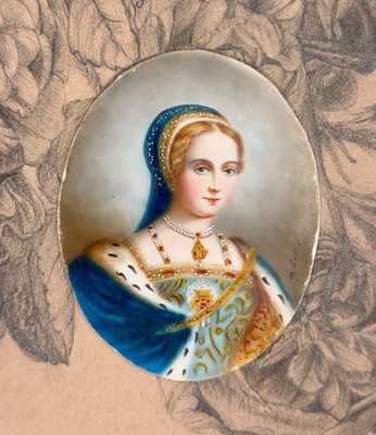 Antique Miniature Portrait Painting Lady Jane Grey  Queen England 19th C. French