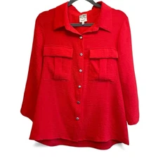 Naif Blouse Women's S (12) Red Button Up Collared 3/4 Sleeve Casual Top