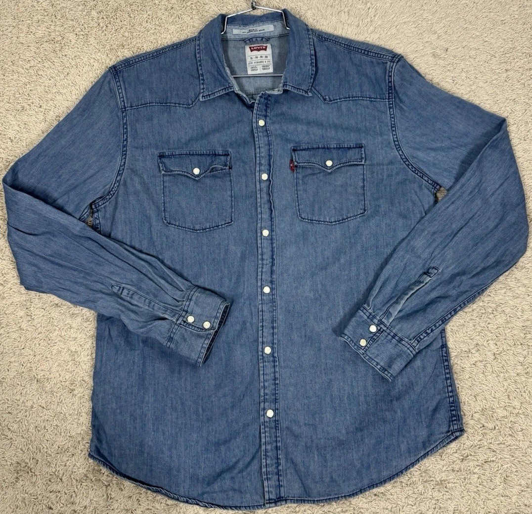 Levis Men's Long Sleeve Denim Shirt Pearl Snap Buttons Size XL Western Cowboy