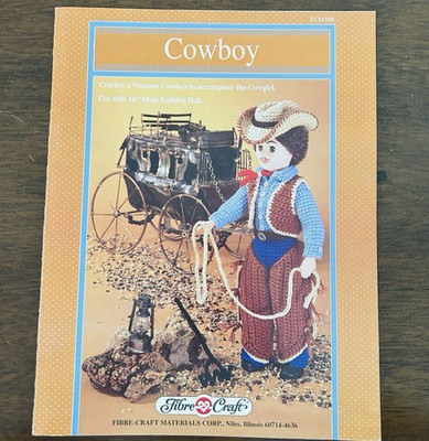 Vintage Fibre Crafts COWBOY Western Crochet Outfit Pattern Leaflet For 16'' Doll