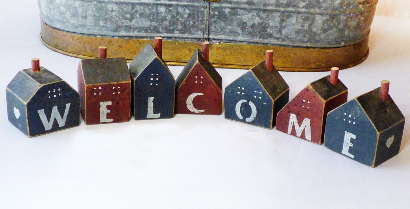 Vintage Wood Blocks Stenciled Houses WELCOME ~ Country Farmhouse Decor Rustic
