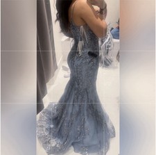 Blue Silver Camille La Vie Mermaid Lace Dress Prom