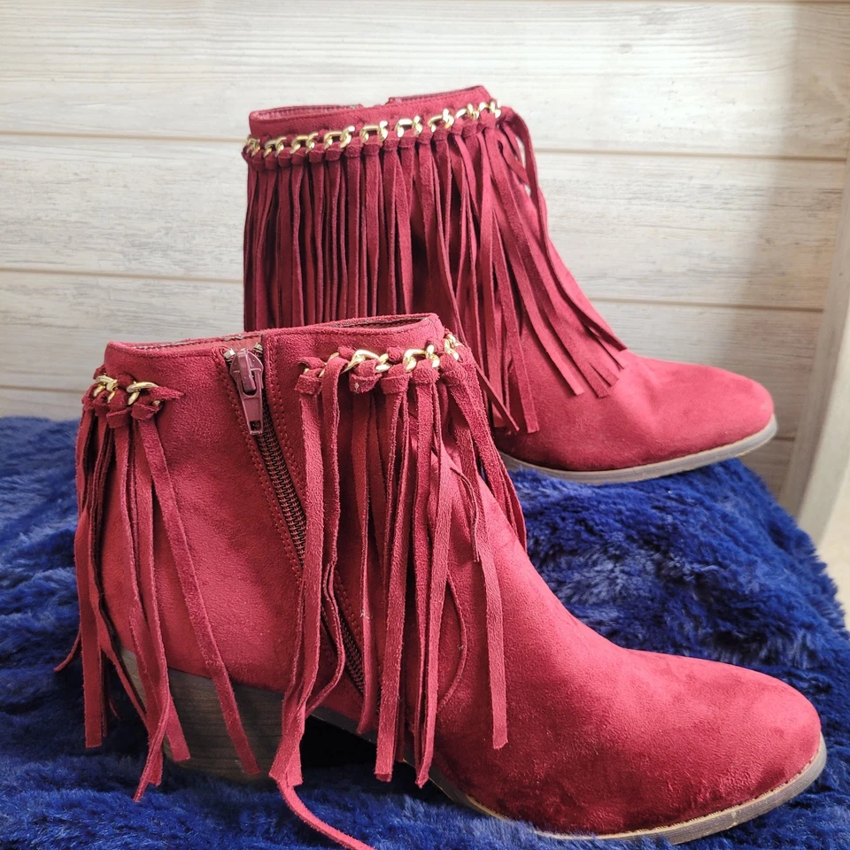 Liliana Women’s Red Fringe Boots Western Cowgirl Style Size 10 Boho Festival - Image 2 of 4