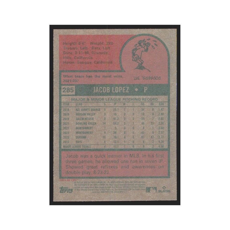 Jacob Lopez Rookie 2024 Topps Heritage 285 Tampa Bay Rays Baseball