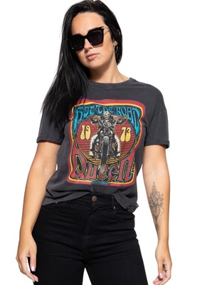QUEEN KEROSIN Damen Acid Wash T-Shirt | Wide Fit | Frontprint Hit The Road Queen