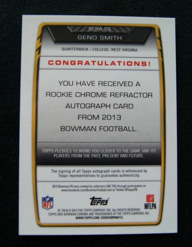 2013 Bowman Chrome Refractor Rookie Autograph - Geno Smith - Seahawks - Image 2 of 3