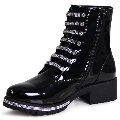 Damenschuhe Lack Stiefeletten Glitzer Worker Biker Boots Plateau Combat Booties - Bild 8 von 11