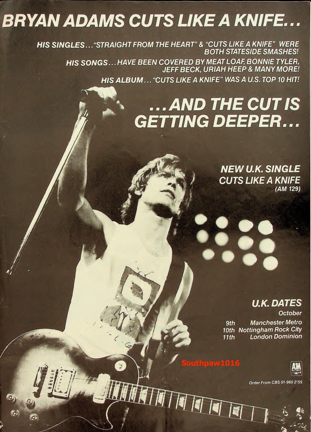 1983 Bryan Adams "Cuts Like A Knife" Song Release & UK Tour Promo Ad