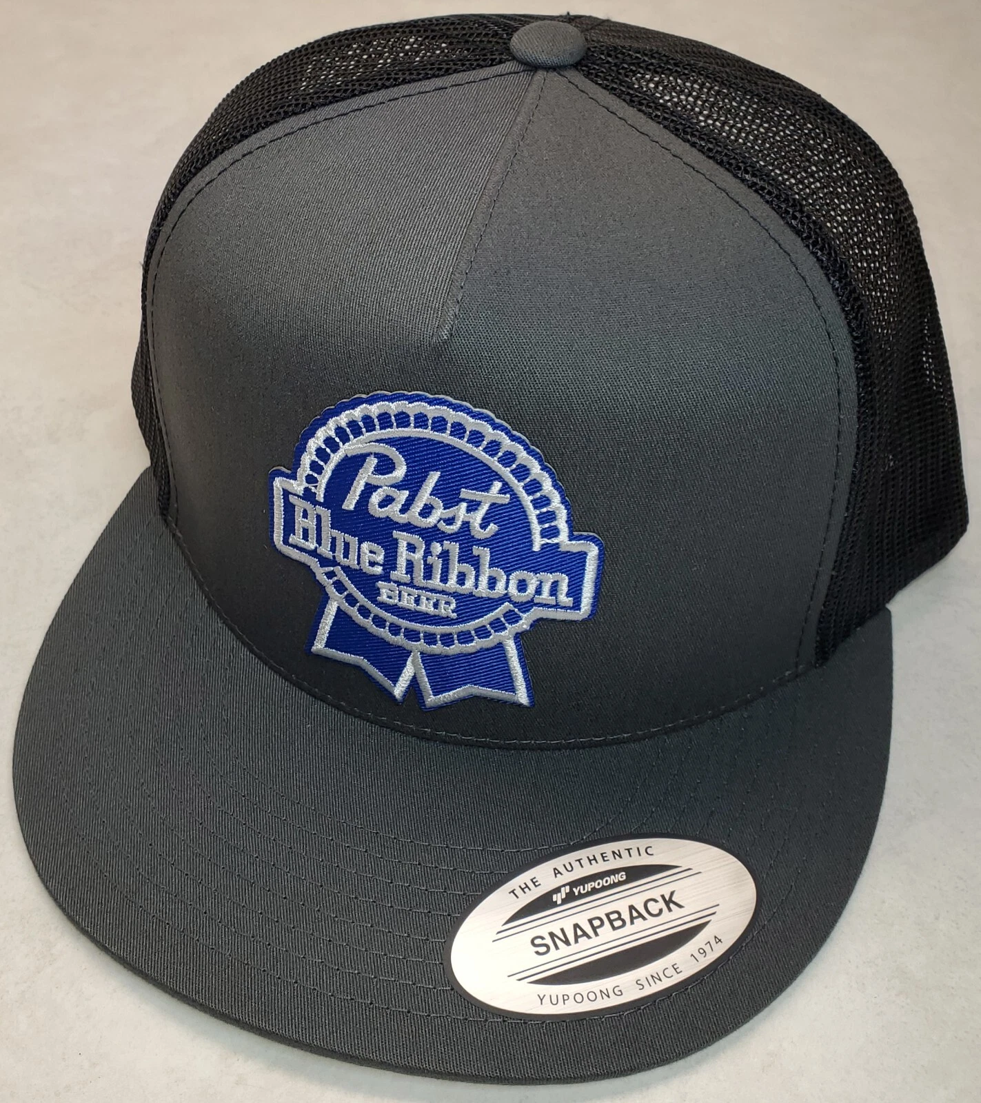 Pabst Beer Blue Ribbon Patch Trucker Hat / YP Classics 6006 Charcoal/Black
