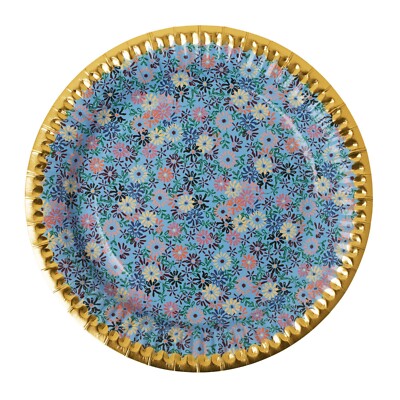 RICE: Pappteller, Small Floral Print 23 cm, 8 Stück Party-Teller Goldrand Einweg
