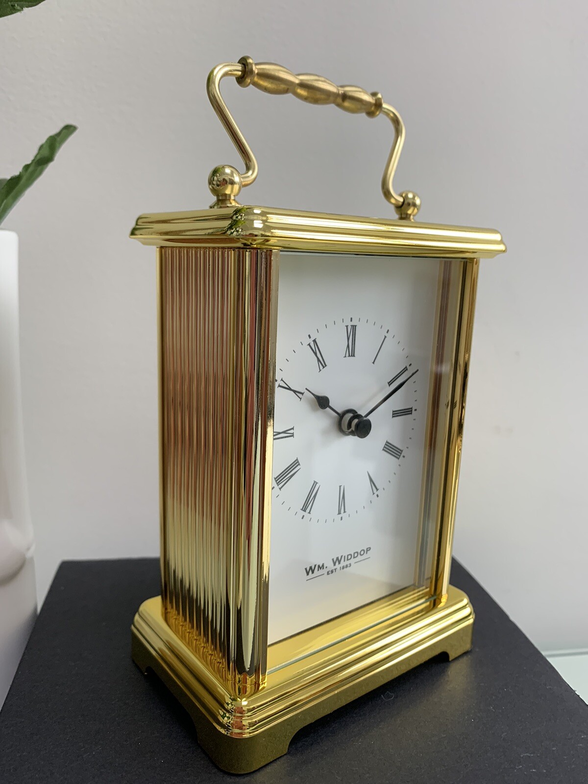 Mantel Clock Gold Carriage Clock by Wm Widdop Brass Effect Roman