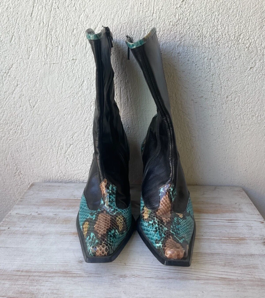 Bota Enzo Angiolini Vintage Mujer 7.5 Cuero Negro Teal Piel de Serpiente Cremallera Años 90 Y2K Foto 4 de 4
