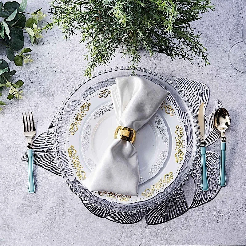 6 SILVER 18" Tropical Monstera Leaf Metallic Vinyl PLACEMATS Wedding Decorations - Image 3 of 4