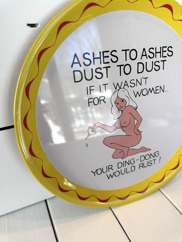 Vintage Ashes to Ashes Dust to Dust Pin Up Tin Tray 11.5" Some Sheen Worn - Picture 4 of 10