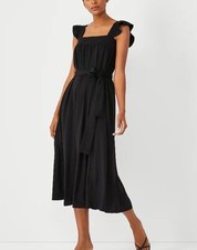 NEW Ann Taylor Dress 4P Petite Ruffle Sleeve Belted Midi Black Stretch 9526