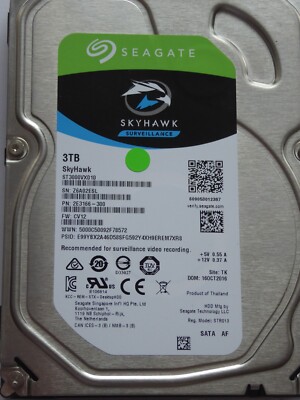 ST3000VX010 SN: Z6A PN: 2E3166-300 FW: CV12 TK 16 OCT 2016 Seagate Skyhawk 3TB