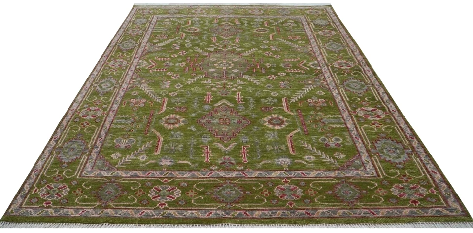 Handmade 9x12ft Geometric Green Rug With Intricate Red Accents | Customizable - Image 2 of 4