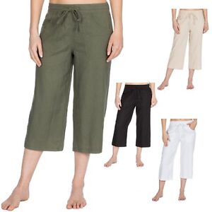 Ladies-Cropped-3-4-Linen-Capri-Elasticated-Waist-Summer-Pant-Trouser-Size