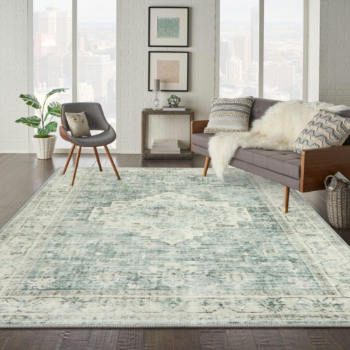 Washable Area Rug 8X10 - Large Green Boho Rug for Bedroom, Vintage Living Room A
