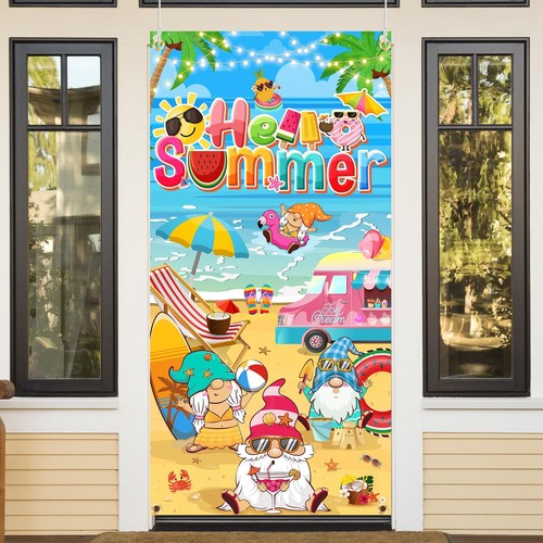 Hello Summer Decorations Beach Ball Gnomes Watermelon Door Cover Banner 35"x71" - Picture 12 of 12