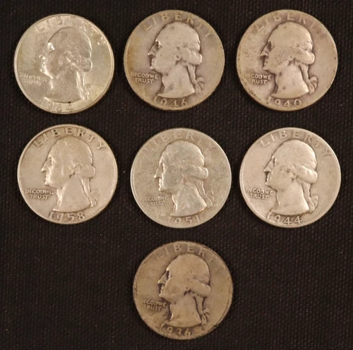 Lot of 7 - Silver Washington Quarters (1936-1964) - G-AU - Nice Details-Lot #12