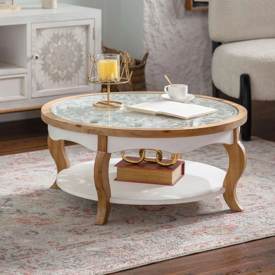 31.5'' Solid Wood Coffee Table French Style Round End Table with Tempered Glass - Image 3 of 4