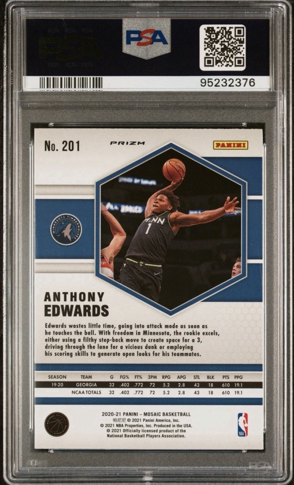 Anthony Edwards Rookie Green Mosaic PSA 10 GEM MINT 2020 Mosaic #201 RC view 2