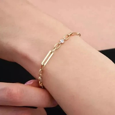 1 Ct Round Cut Simulated Diamond Paper Link Bracelet 14K Yellow Gold Plated