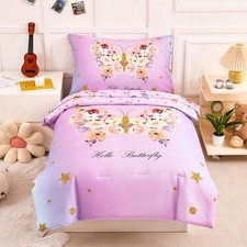 PERFEMET Pink Toddler Bedding Set for Toddler, Ground Butterfly Pattern