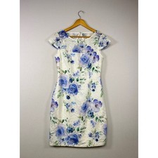 Garden Party Floral Lace Sheath Dress Women Sz 8 Blue White Cap Sleeve Cocktail