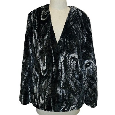 New Anthropologie Unreal Fur Faux Fur Coat SMALL Black & Gray COLLARLESS 