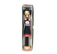 Chinese Vintage Hui Folk Art Hand Crafted Wood Peg Doll 9.5" w Original Box