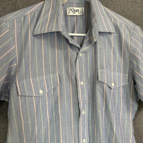 Cowboy Roper Classic Western Vintage Shirt Mens Blue Striped Size M Short Sleeve - Picture 2 of 8