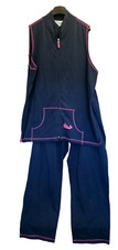 The Quacker Factory Navy Blue Pink Zip Up Sleeveless Vest & Trousers Set 1xl
