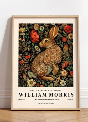 Rabbit art print, Dark botanical wall art, William Morris style hare print