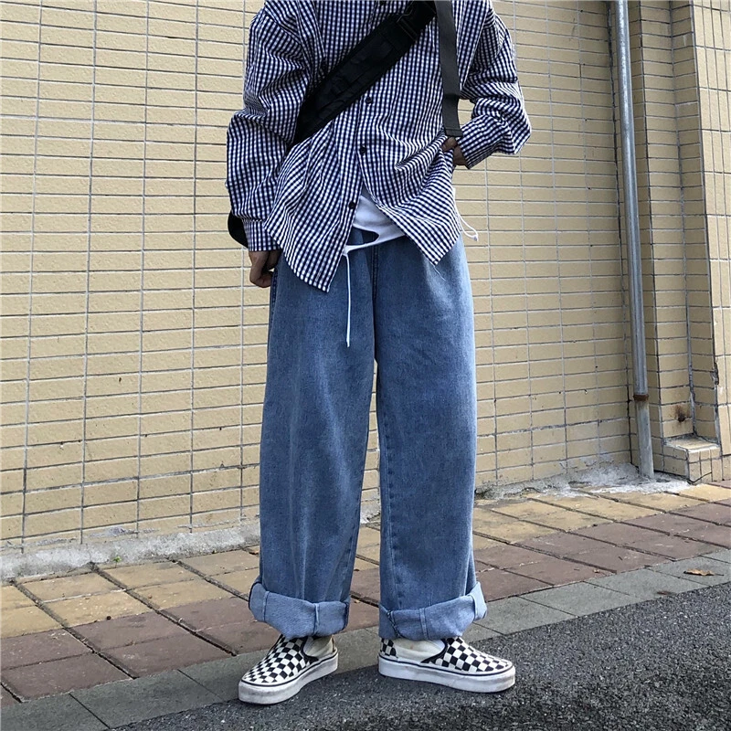 Casual Men Jeans Straight Loose Hip Hop Drape Wide Leg Long Pants Denim  Trousers