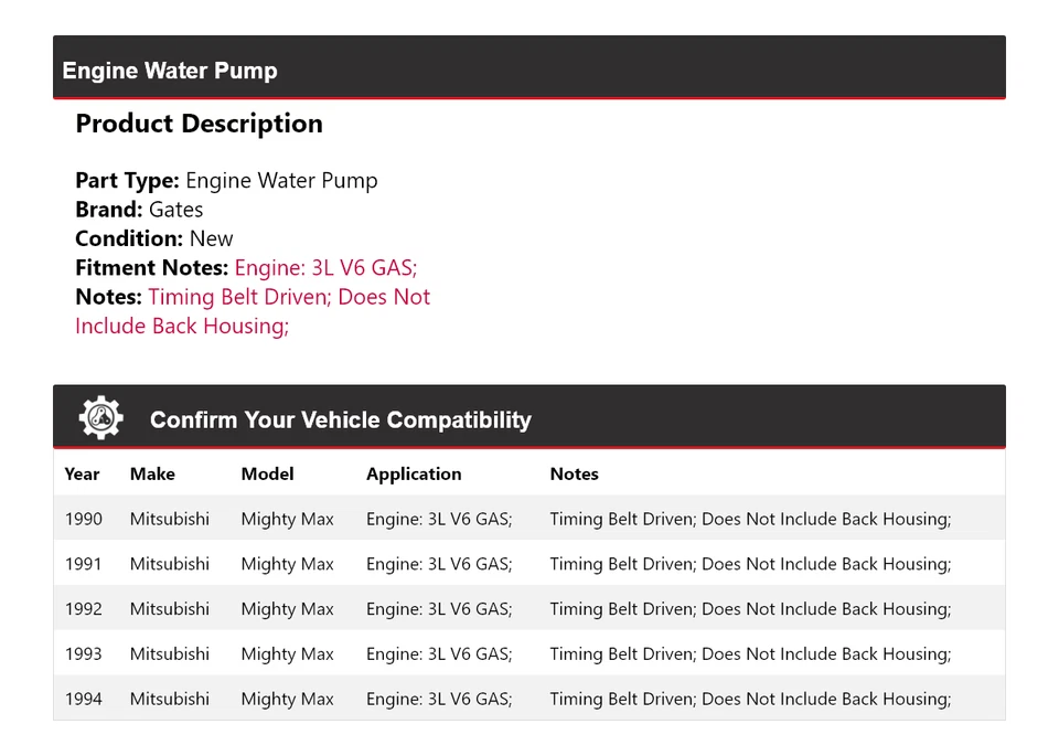 For 1990-1994 Mitsubishi Mighty Max 3L V6 GAS Engine Water Pump Gates 1991 1992 - Image 2 of 4