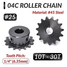 04C Roller Chain Drive Sprocket With Step Pitch 1/4" 6.35mm 25 Chain, 45 Steel