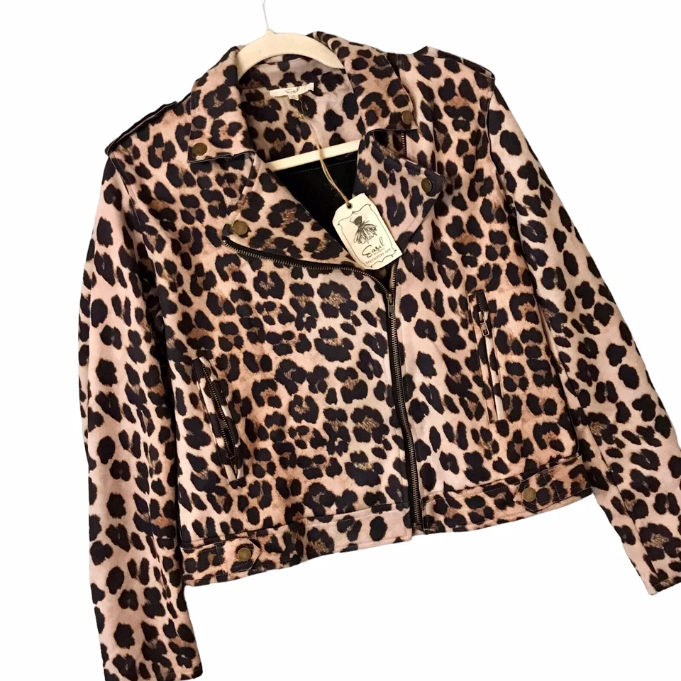 Easel Los Angeles Moto Jacket NWT Faux Suede Leopard Print Boxy Fit Women’s Sz S